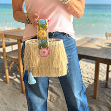 Load image into Gallery viewer, One-of-a-kind Hand Embroidered strap and Gold Chain Shoulder Strap/Raffia Fringe Tassel Bag - Handmade,  Spring Summer Bag/ Natural Color
