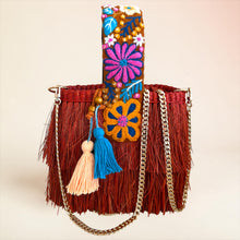 Load image into Gallery viewer, One-of-a-kind Hand Embroidered strap and Gold Chain Shoulder Strap/Raffia Fringe Tassel Bag - Handmade,  Spring Summer Bag/ Terracota Color
