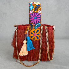Load image into Gallery viewer, One-of-a-kind Hand Embroidered strap and Gold Chain Shoulder Strap/Raffia Fringe Tassel Bag - Handmade,  Spring Summer Bag/ Terracota Color
