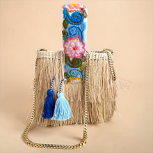 Load image into Gallery viewer, One-of-a-kind Hand Embroidered strap and Gold Chain Shoulder Strap/Raffia Fringe Tassel Bag - Handmade,  Spring Summer Bag/ Natural Color
