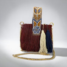 Load image into Gallery viewer, Paja Toquilla Fringe Bag/Hand Embroidered Strap/Peruvian Artisan Bag/Boho Crossbody Clutch/Handmade in Peru - Brown/Terracota Blues Strap
