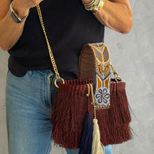 Load image into Gallery viewer, Paja Toquilla Fringe Bag/Hand Embroidered Strap/Peruvian Artisan Bag/Boho Crossbody Clutch/Handmade in Peru - Brown/Terracota Blues Strap
