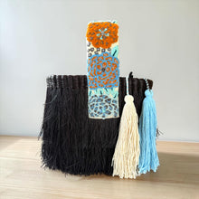 Load image into Gallery viewer, Paja Toquilla Fringe Bag/Hand Embroidered Strap/Peruvian Artisan Bag/Boho Crossbody Clutch/Handmade in Peru - Black/Turquoise Orange Strap
