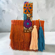 Load image into Gallery viewer, Paja Toquilla Fringe Bag/Hand Embroidered Strap/Peruvian Artisan Bag/Boho Crossbody Clutch/Handmade in Peru - Rust/Turquoise Orange Strap
