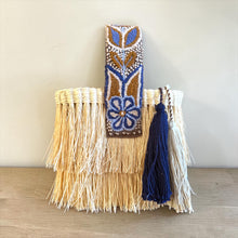 Load image into Gallery viewer, Paja Toquilla Fringe Bag/Hand Embroidered Strap/Peruvian Artisan Bag/Boho Crossbody Clutch/Handmade in Peru - Natural/Terracota Blues Strap
