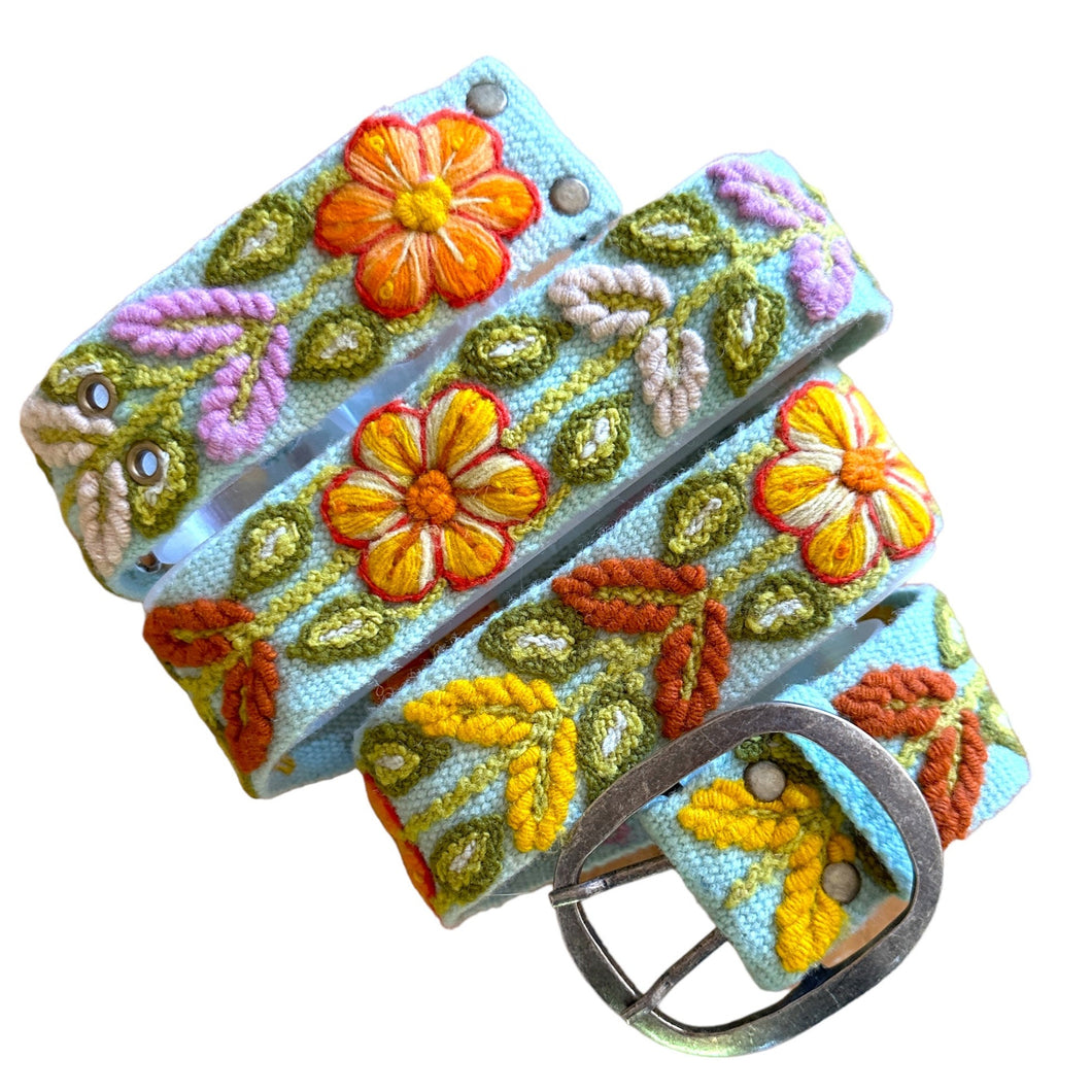 Peruvian Hand Embroidered Belt  -    Mint and Rust Flowers