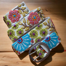 Load image into Gallery viewer, Embroidered Flower Belt, Peruvian, Handmade - Turquoise Fan/Flower Belt - Cream Background
