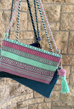 Load and play video in Gallery viewer, Hand Weaved Envelope Bag, Crossbody Bag, Evening Bag - Turquoise and Cream

