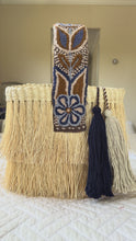 Load and play video in Gallery viewer, Paja Toquilla Fringe Bag/Hand Embroidered Strap/Peruvian Artisan Bag/Boho Crossbody Clutch/Handmade in Peru - Natural/Terracota Blues Strap

