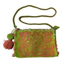 Load image into Gallery viewer, Hand Embroidered Wool Crossbody Handbag, Clutch, Purse &quot;Embroidery Front and Back&quot;- Lime Green/Orange Flowers
