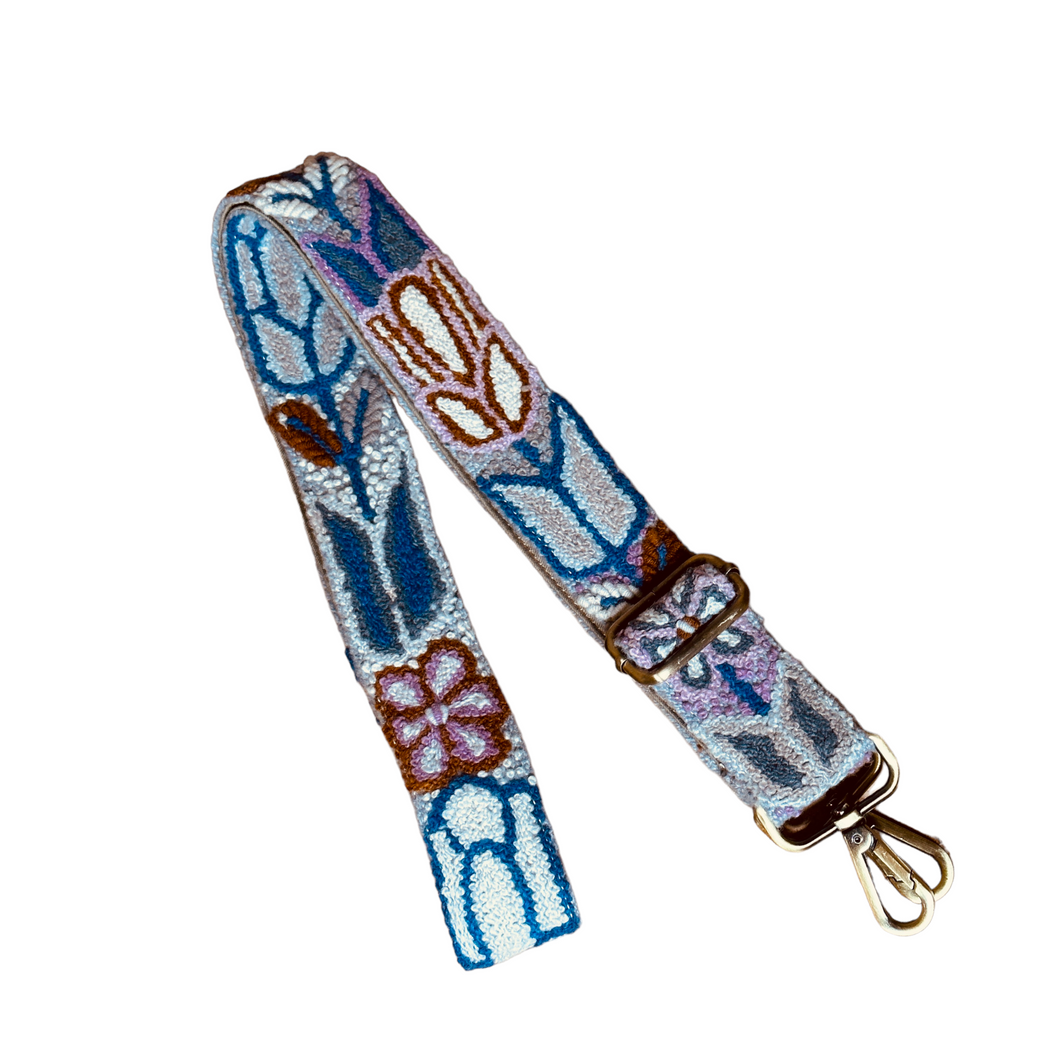 Embroidered Adjustable Handbag Strap, Purse Strap, Camera Strap - Andina Blues and Pink