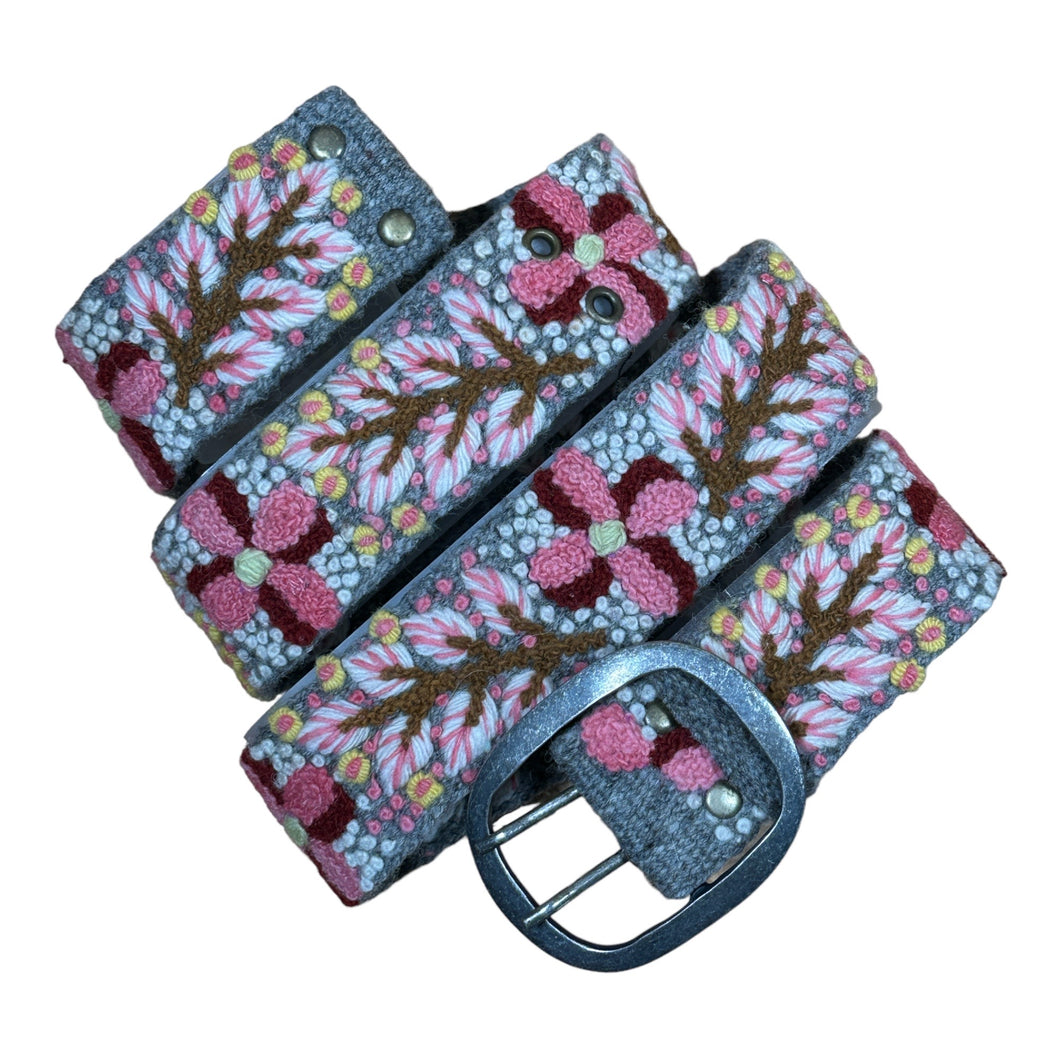 Embroidered Flower Belt, Peruvian, Handmade - Heather Grey/Pink