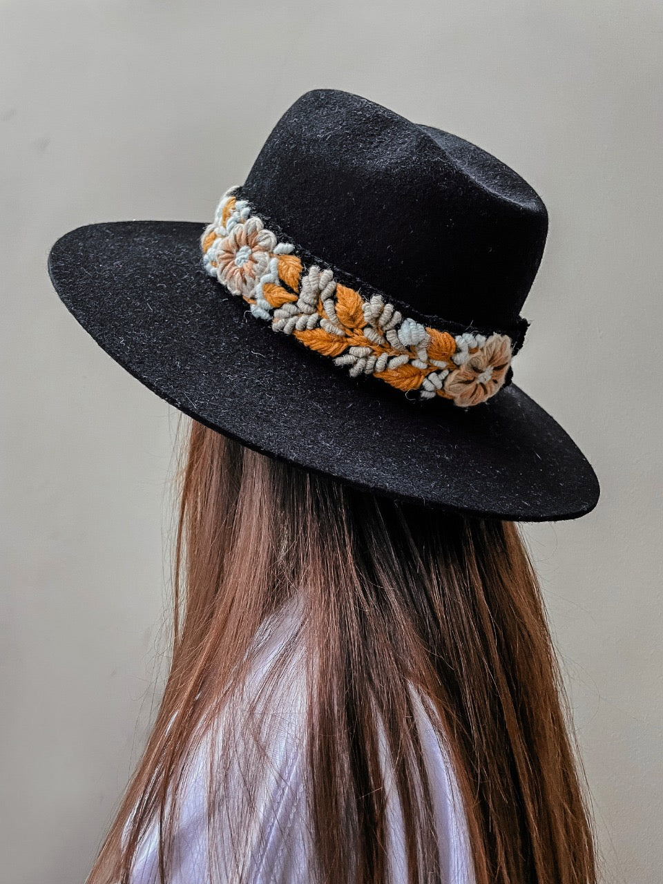Fedora Hat - Wool Felt Hat, Wide Brim Hat , Embroidered Removable Hat Band  - Black